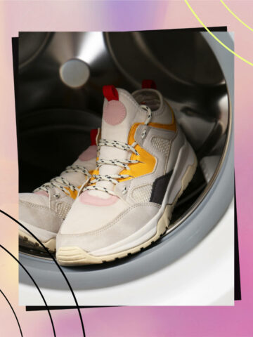 Collage with chunky sneakers in the dryer.