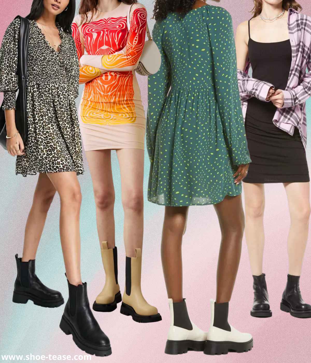 4 women wearing mini dresses with chelsea boots.