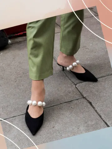 Collage with cropped view of woman wearing kitten heel mules with top strap with large pearls and green leather pants.