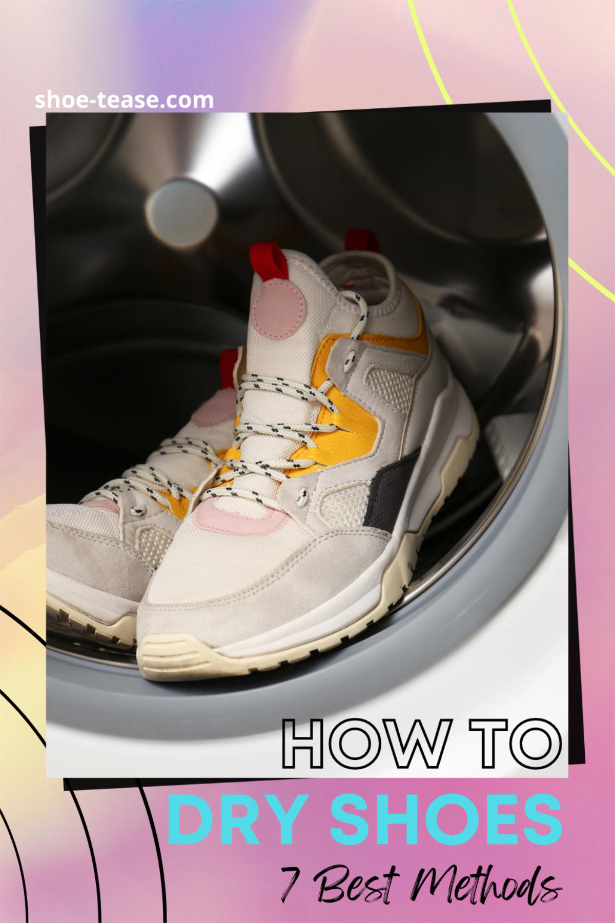 Collage with text reading how to dry shoes 7 best methods over chunky sneakers in the dryer.