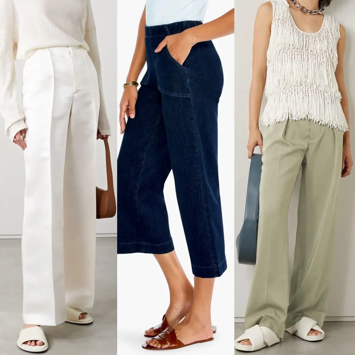 3 women wearing flat slides sandals with wide leg pants and trousers.