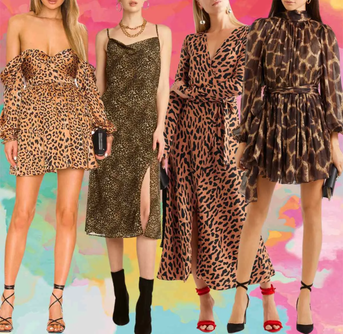 3 women wearing different color shoes with fancy leopard print dress outfits.