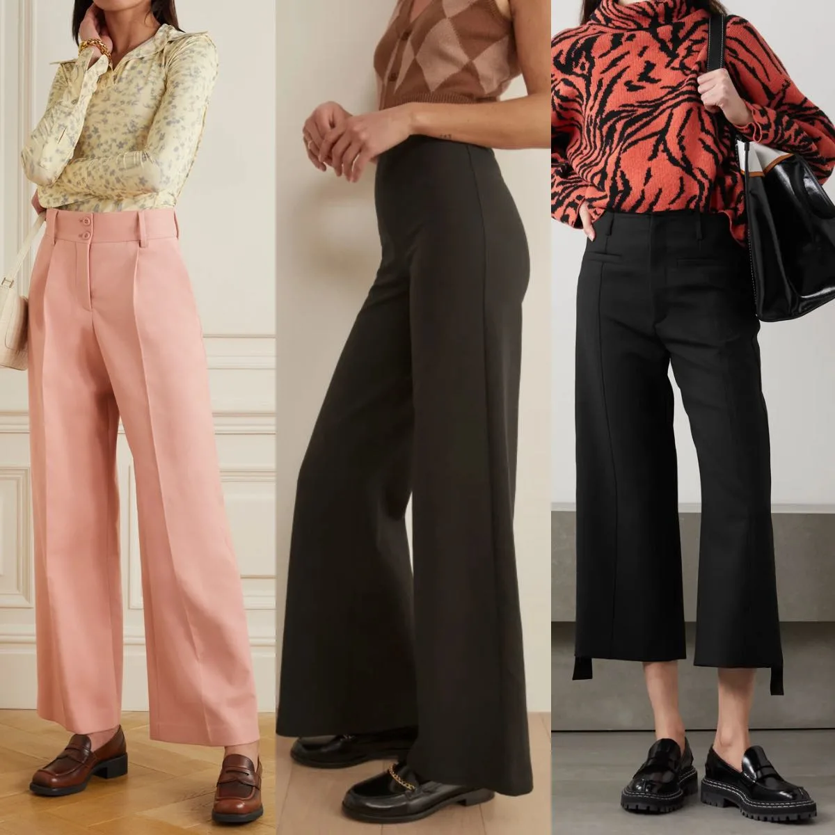 3 women wearing chunky loafers shoes with wide leg pants and trousers.
