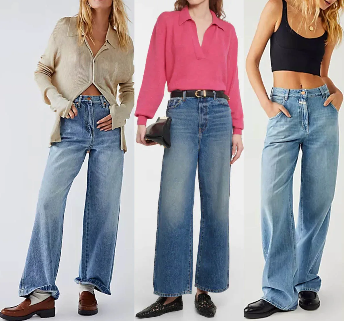 3 women wearing loafer shoes with baggy jeans outfits.