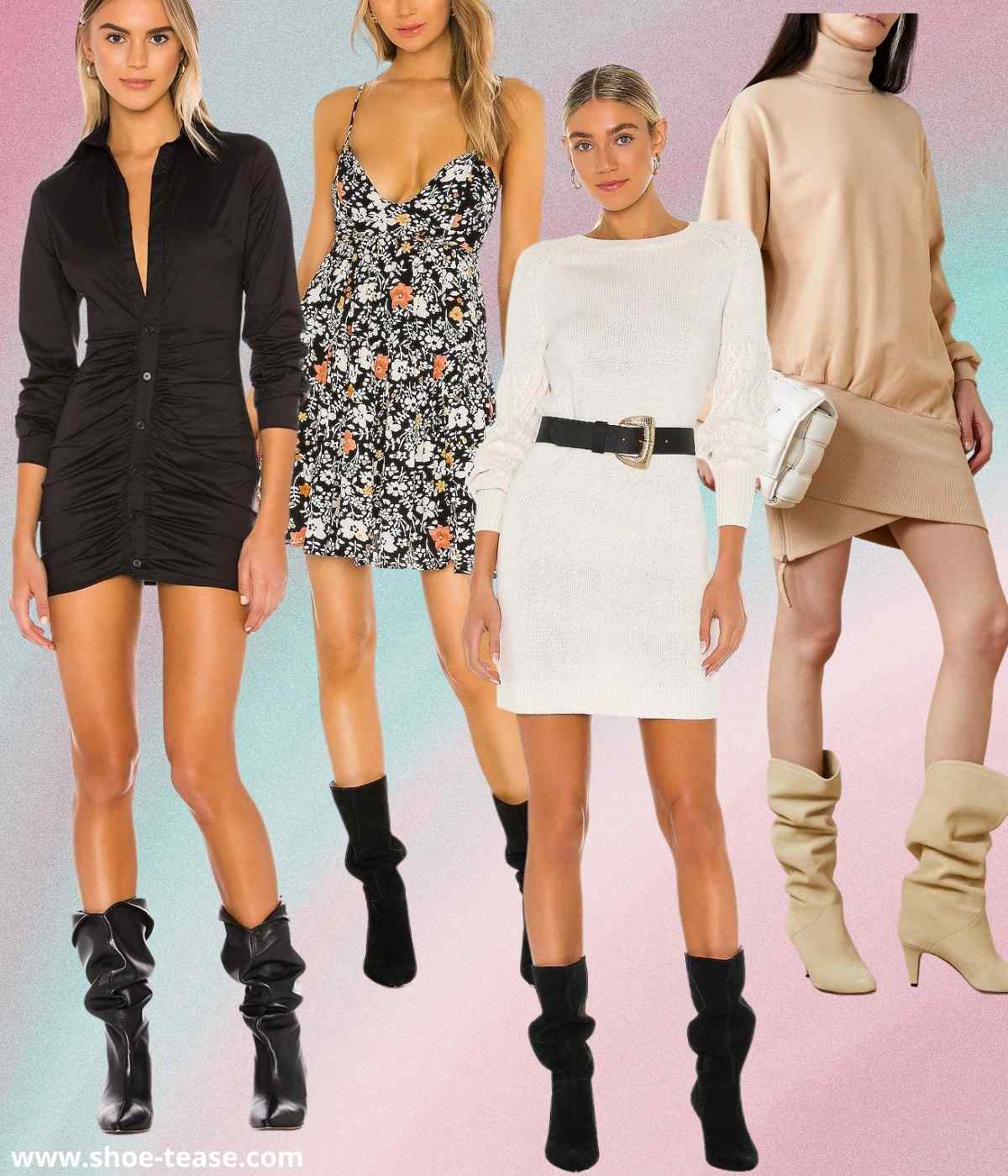 4 women wearing mini dresses with calf boots.