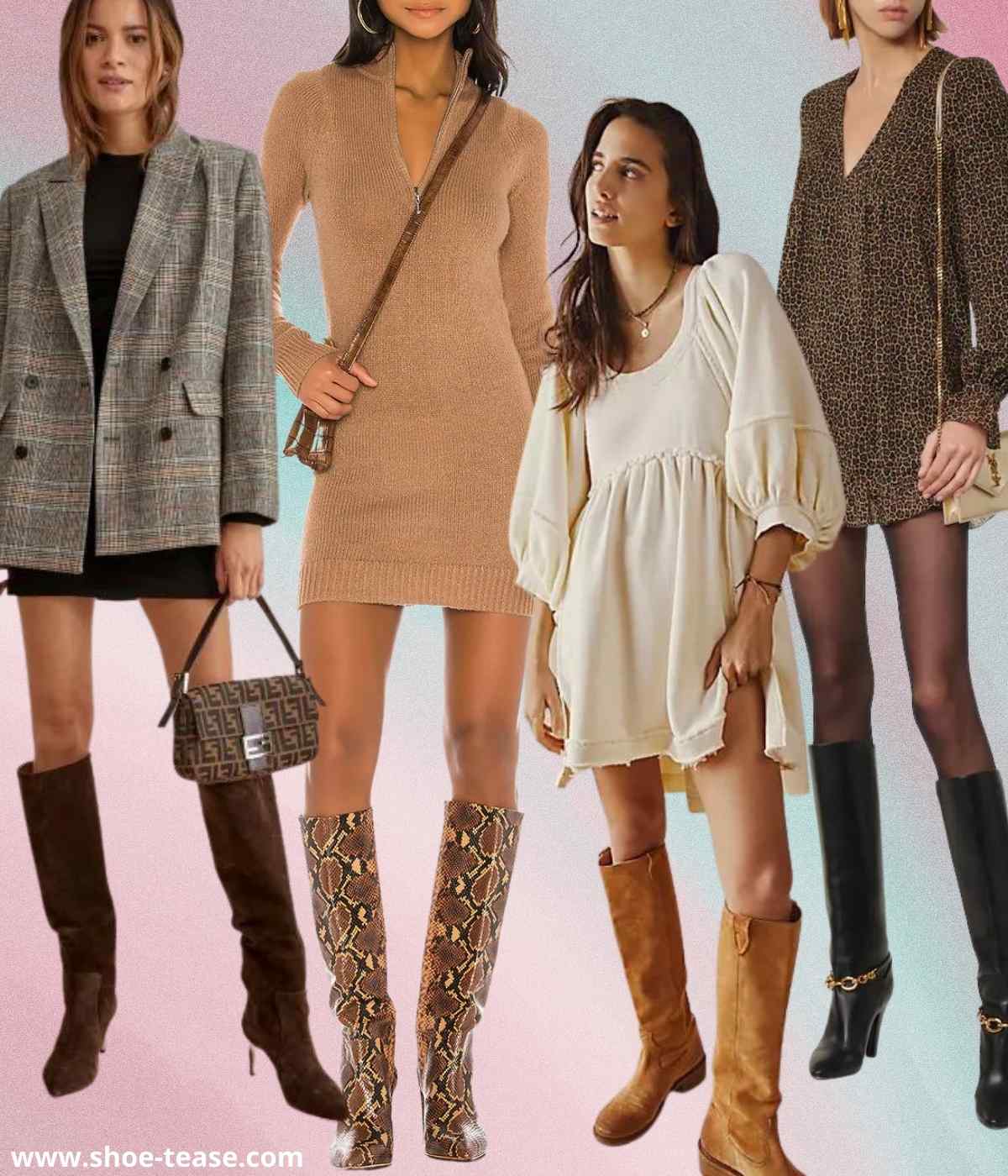 4 women wearing different mini dresses with knee boots.