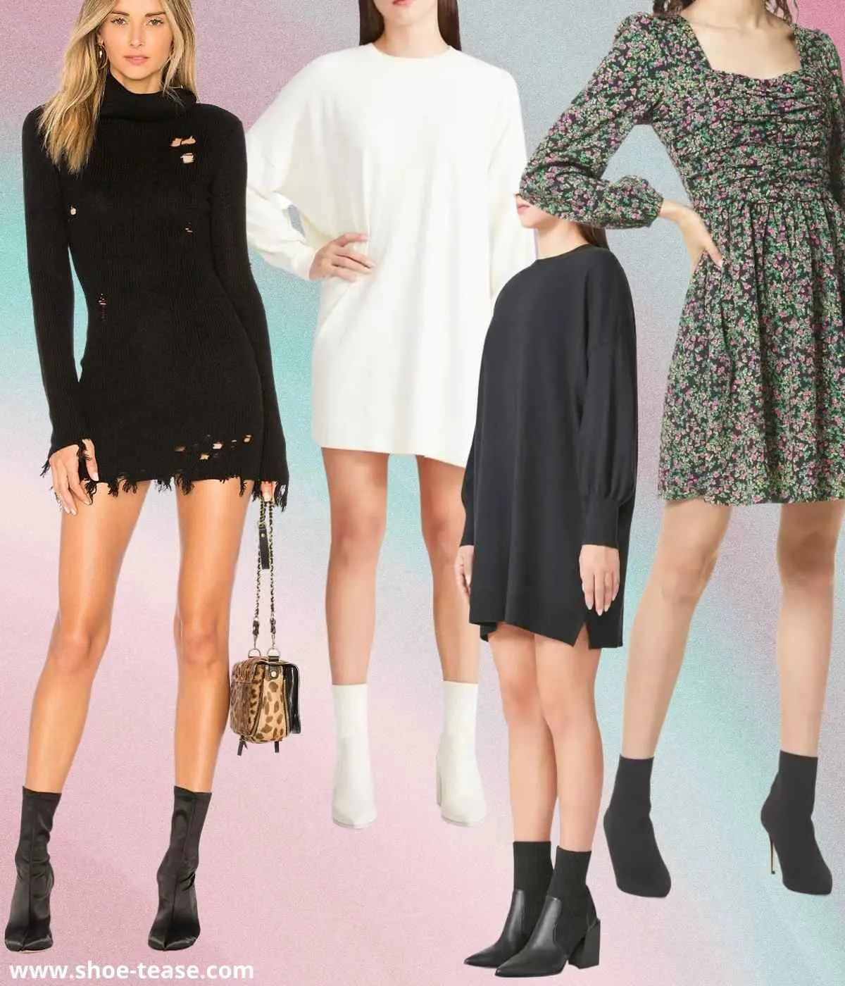 4 women wearing different mini dresses with socks boots.