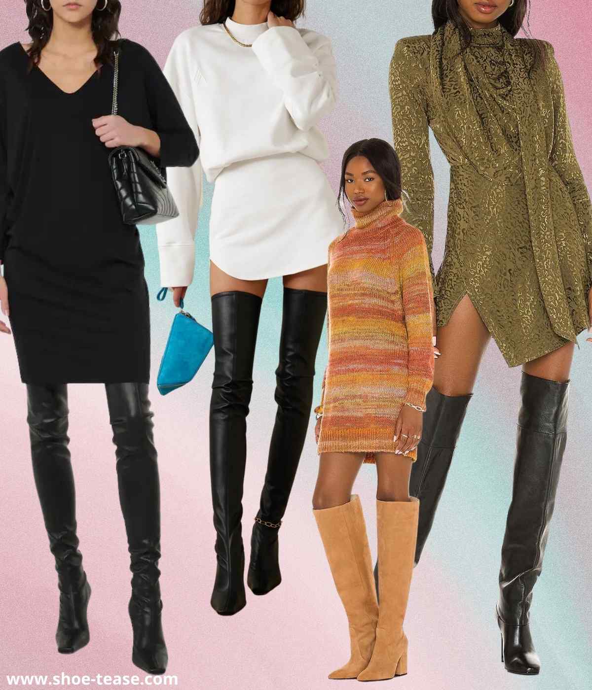4 women wearing different mini dresses with tall boots.
