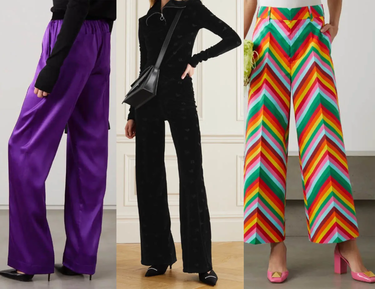 3 women wearing pumps shoes with wide leg pants and trousers.