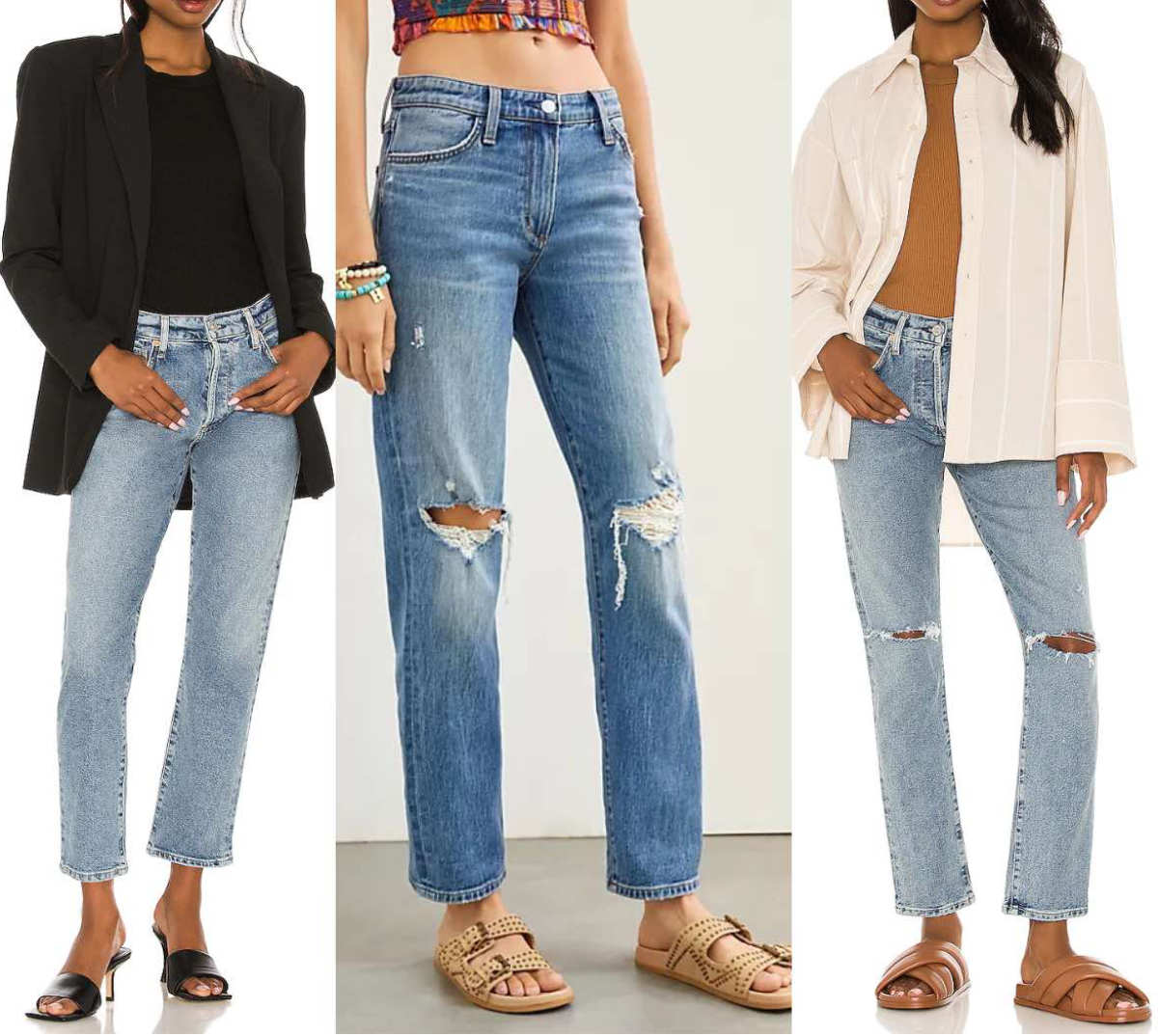 3 women wearing different boyfriend jeans with sandals.