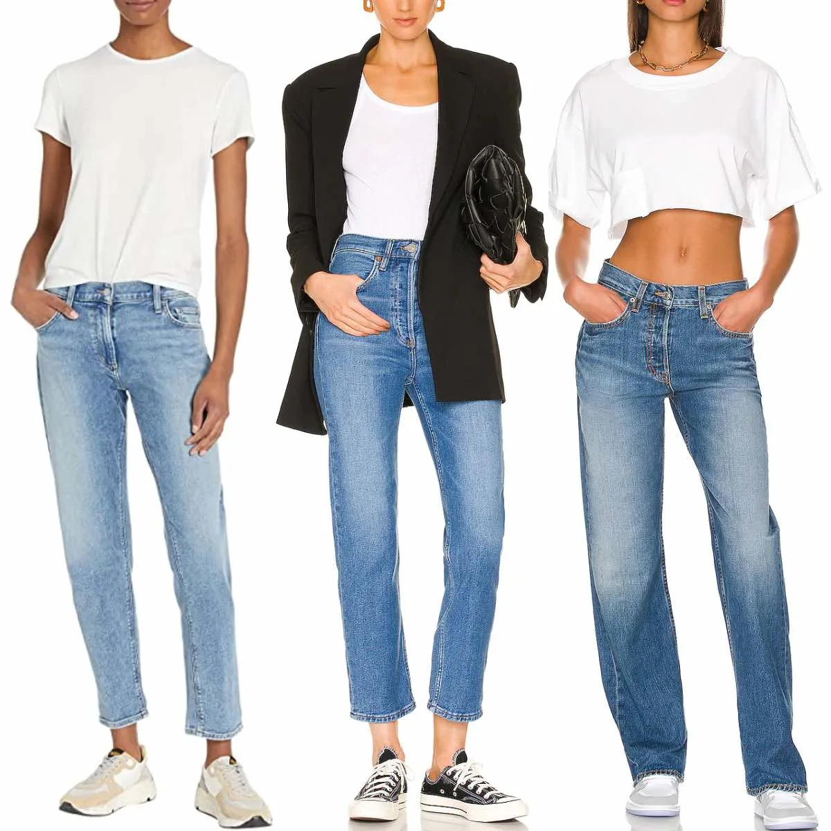 3 women wearing boyfriend jeans with sneakers.