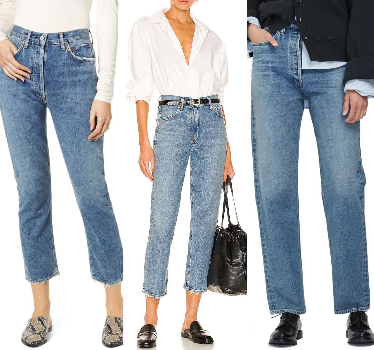 3 women wearing different boyfriend jeans with flats.