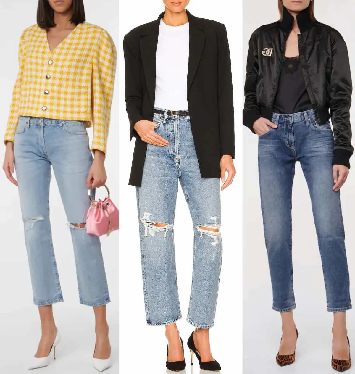 3 women wearing boyfriend jeans with pumps.