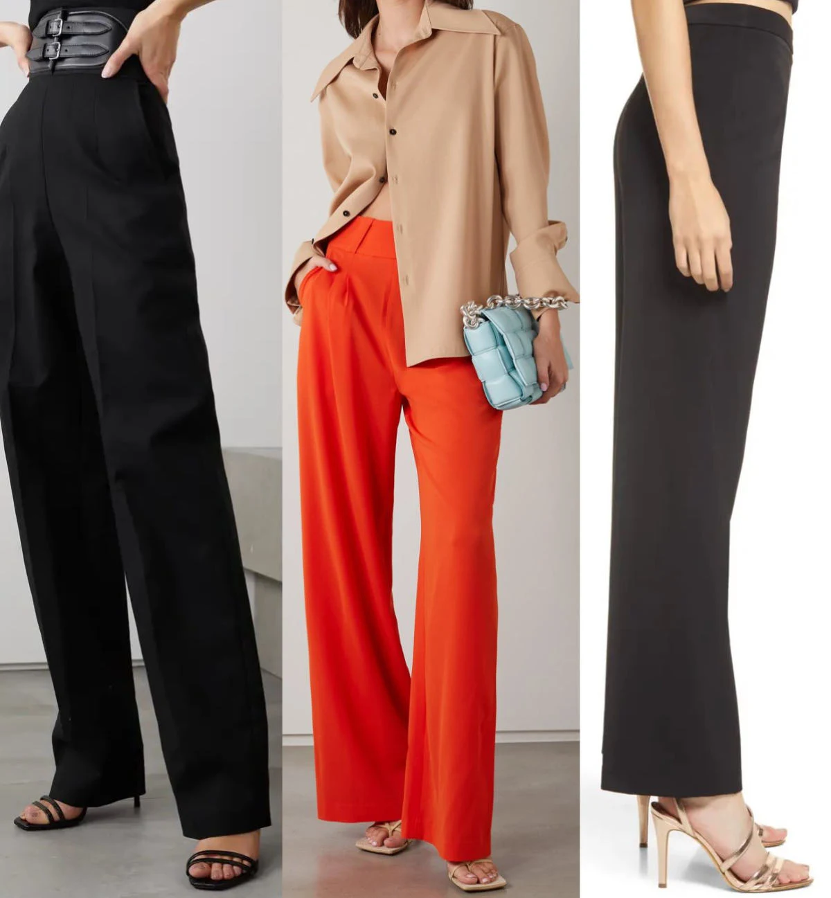 3 women wearing strappy heeled sandals shoes with wide leg pants and trousers.