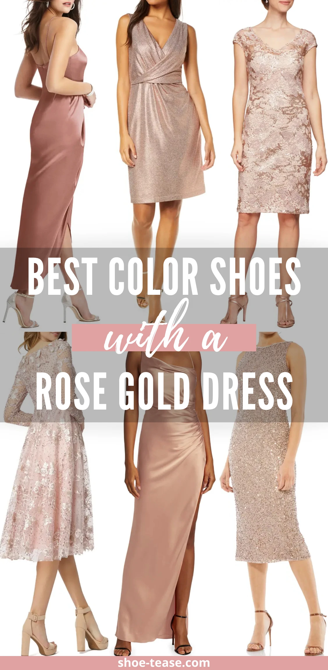 6 women wearing different color shoes with rose gold dress outfits.