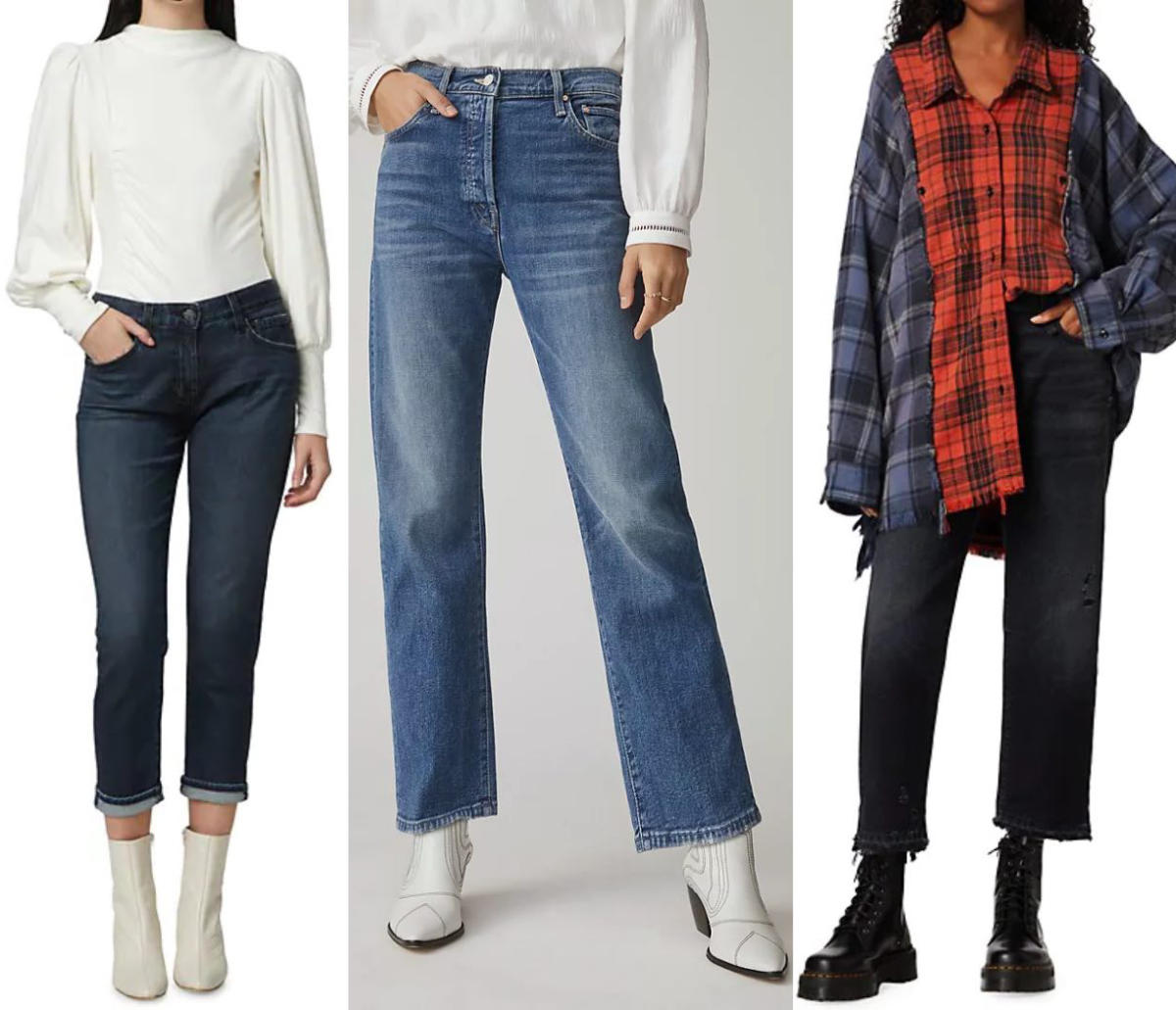 3 women wearing boyfriend jeans with boots.