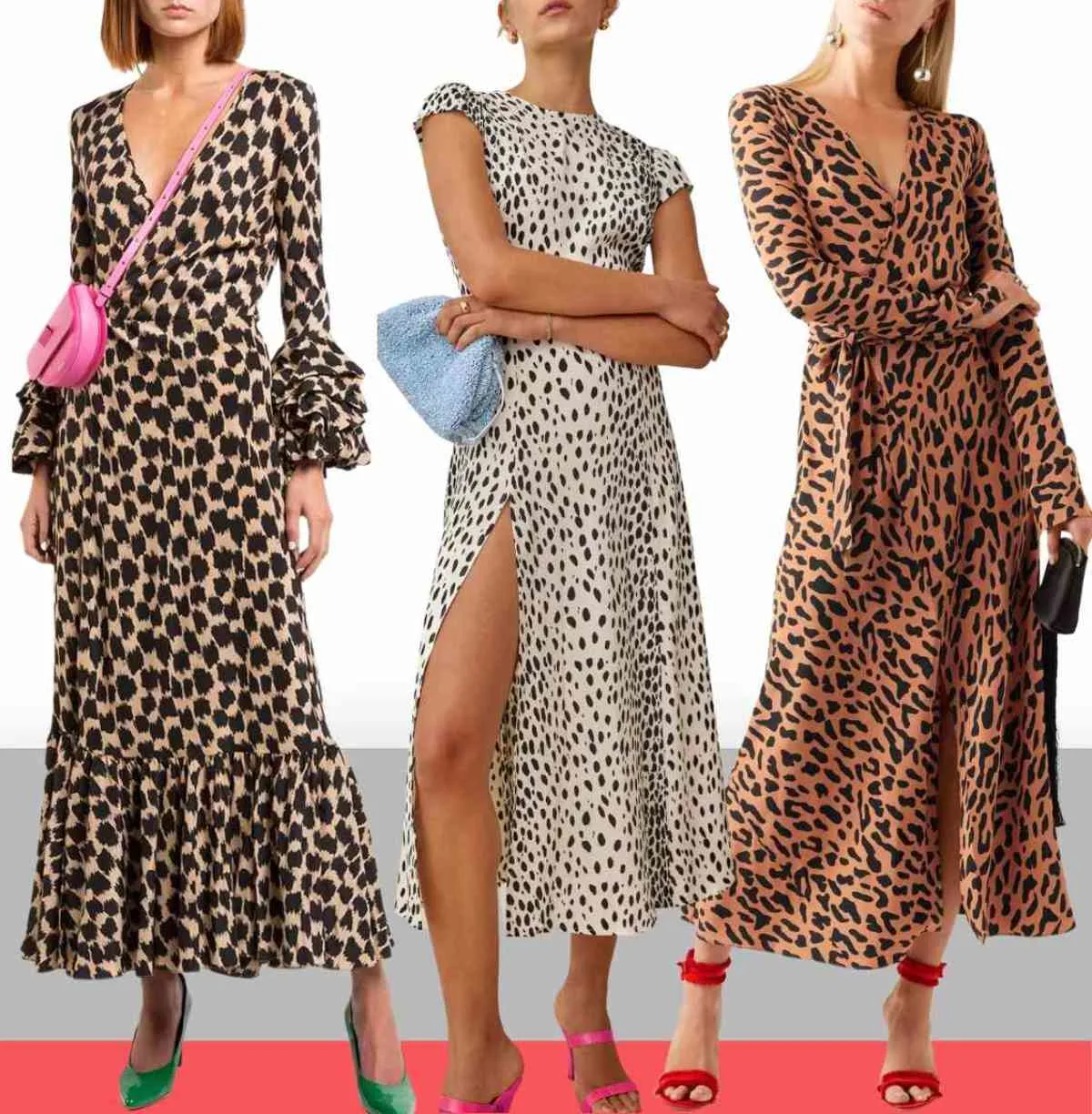 3 women wearing different colorful shoes with leopard print dress outfits.