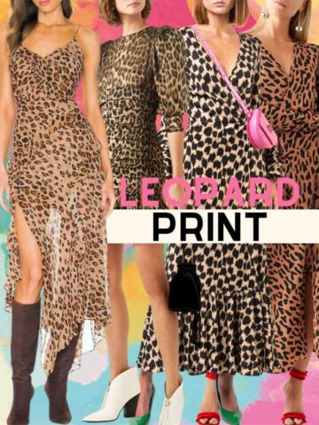 3 women wearing different color shoes with leopard print dress outfits with text ovelay reading leopard print.