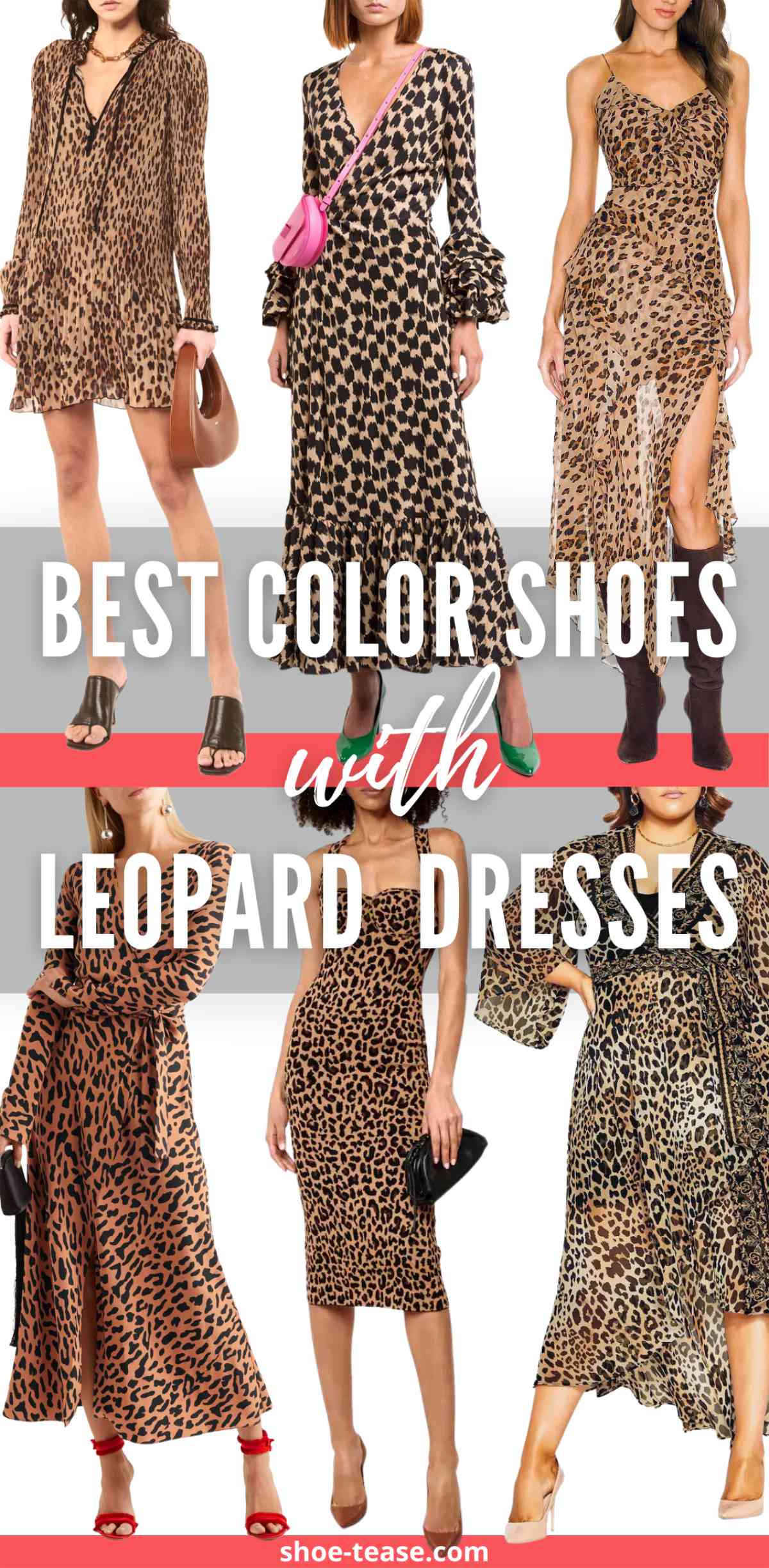 Text reading best color shoes with leopard dresses over 6 women with leopard dress outfits.