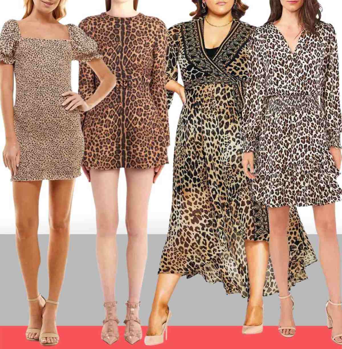 3 women wearing different beige color shoes with leopard print dress outfits.