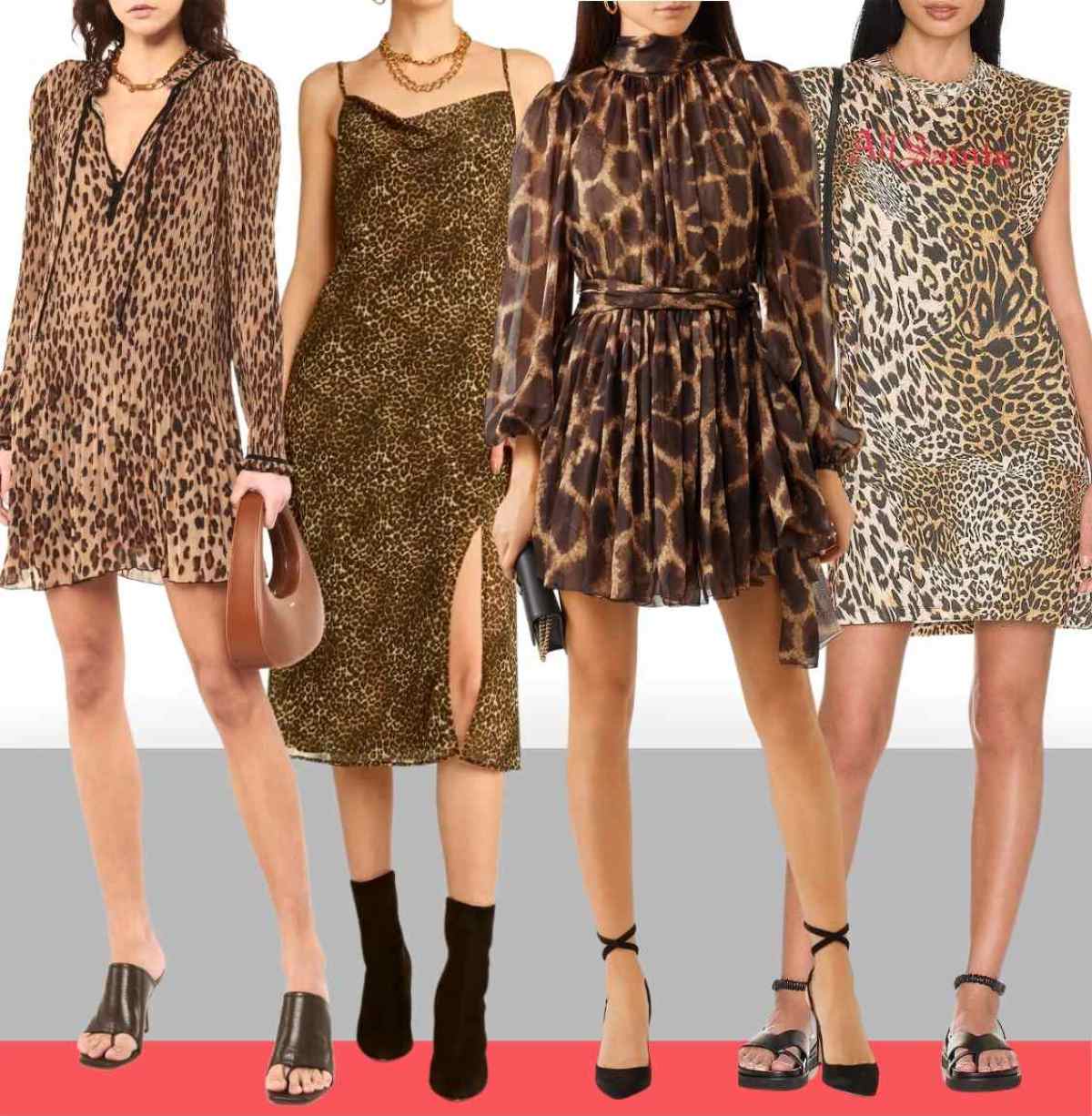3 women wearing different black shoes with leopard print dress outfits.