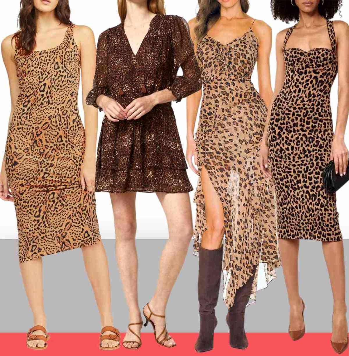 3 women wearing different brown color shoes with leopard print dress outfits.