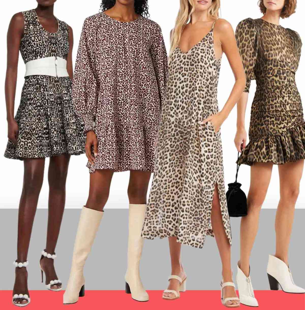 3 women wearing different off white color shoes with leopard print dress outfits.