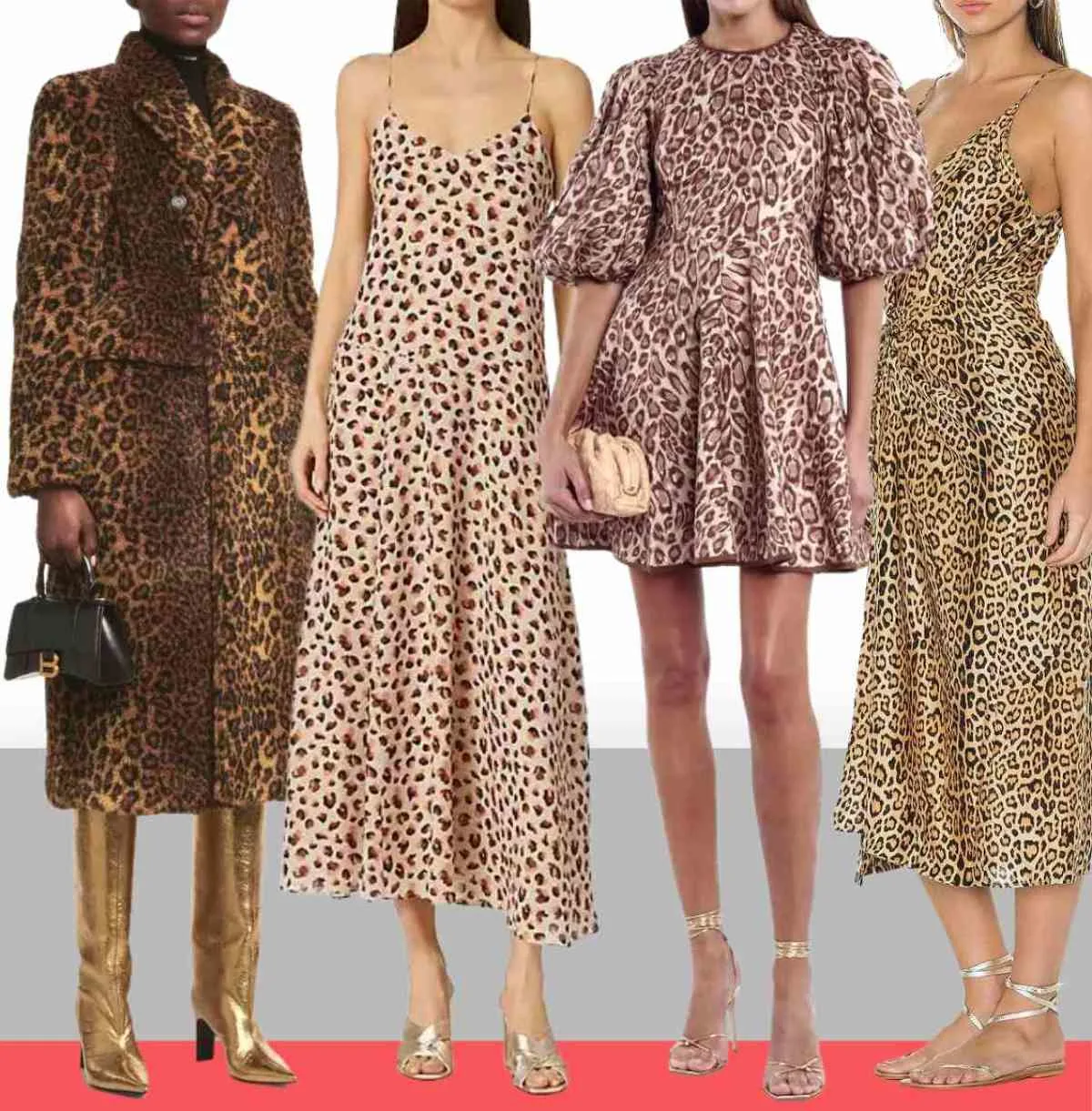 3 women wearing different gold color shoes with leopard print dress outfits.