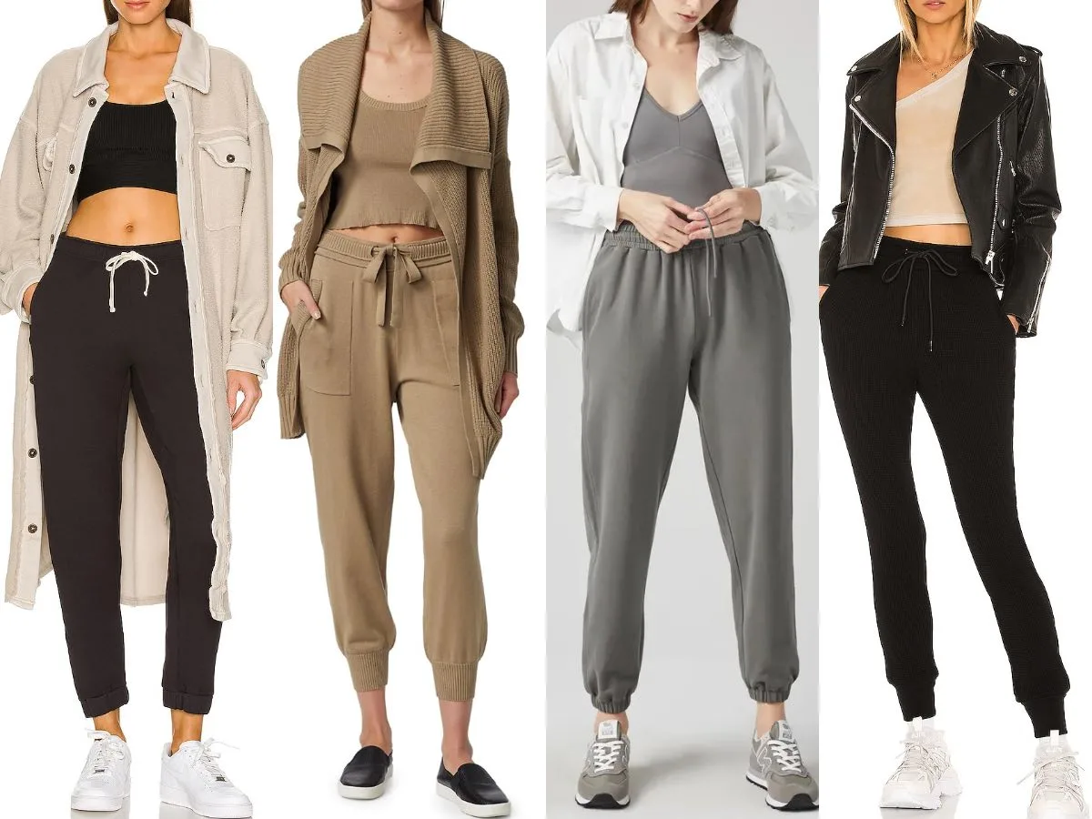 4 women wearing different sneakers with joggers outfits.