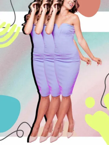 Psychedelic collage of triple superimposed woman in beige color shoes with a lavender dress outfit.
