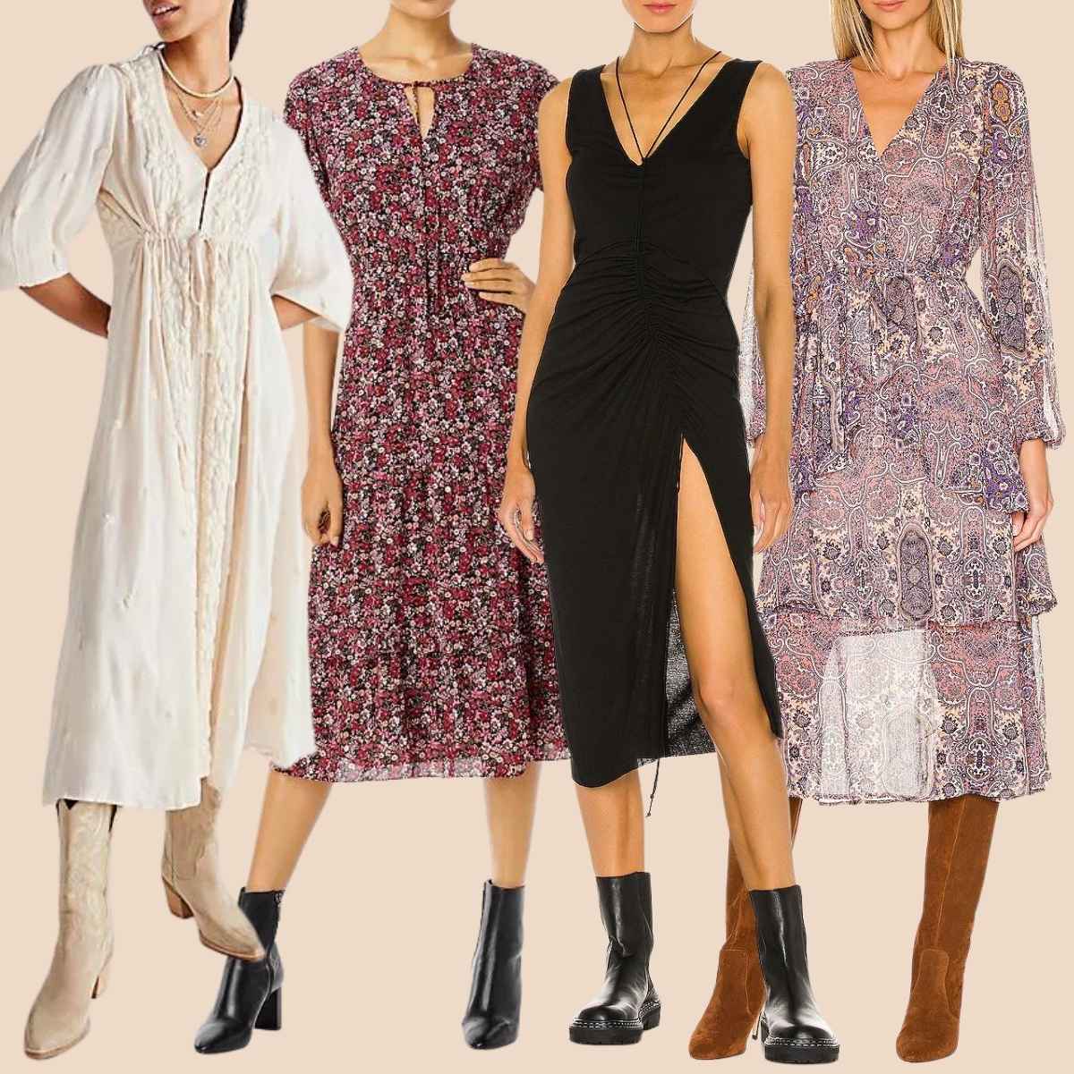 Collage of 4 women wearing different boots with midi dresses.