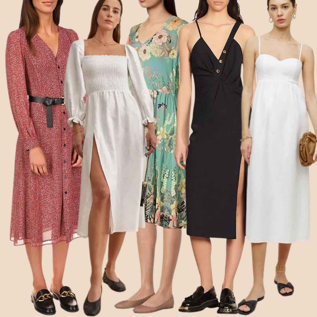Collage of 5 wearing flat shoes with midi dresses.