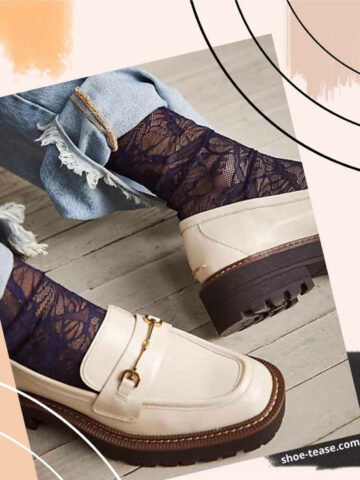 Collage with close up of woman wearing lace socks with loafers and cuffed jeans.