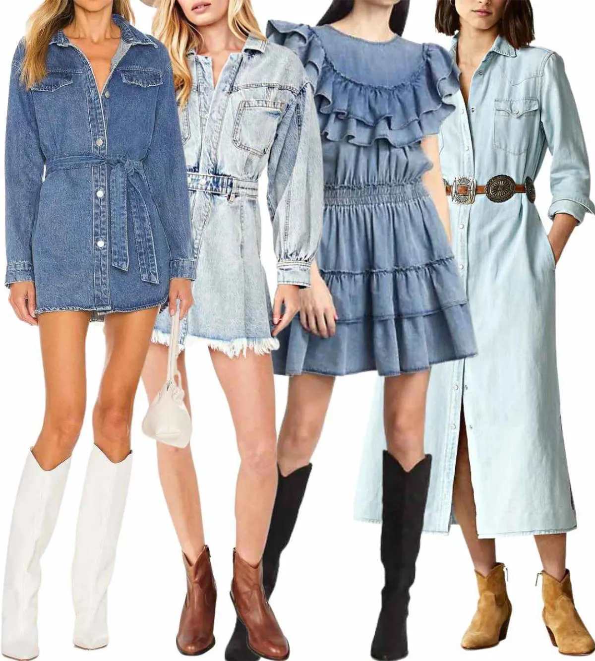 Collage of 4 women wearing different denim dresses with cowboy boots.