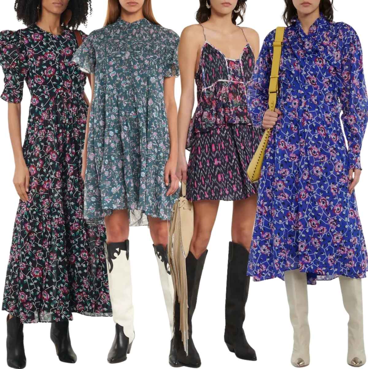 4 women wearing floral dresses with cowboy boots.