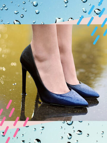 Close up of woman's feet wearing black stiletto pumps standing on a wet surface overlaid on top of water drops on glass photo.