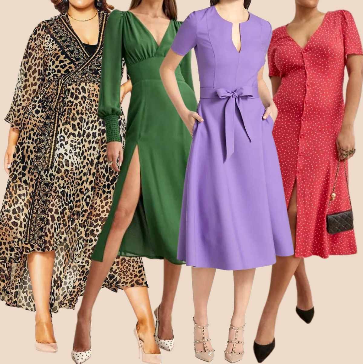 Collage of 4 women wearing different midi dresses with high heel pumps.