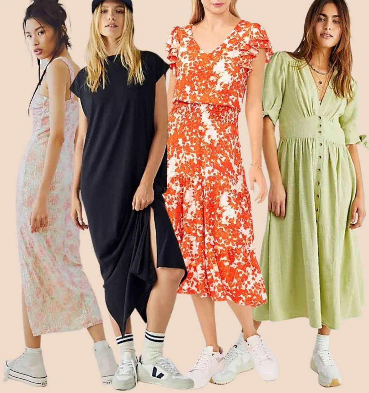 Collage of 4 women wearing different white sneakers with midi dresses.