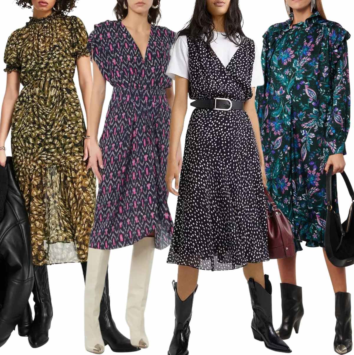Collage of 5 women wearing different midi dresses with cowboy boots.