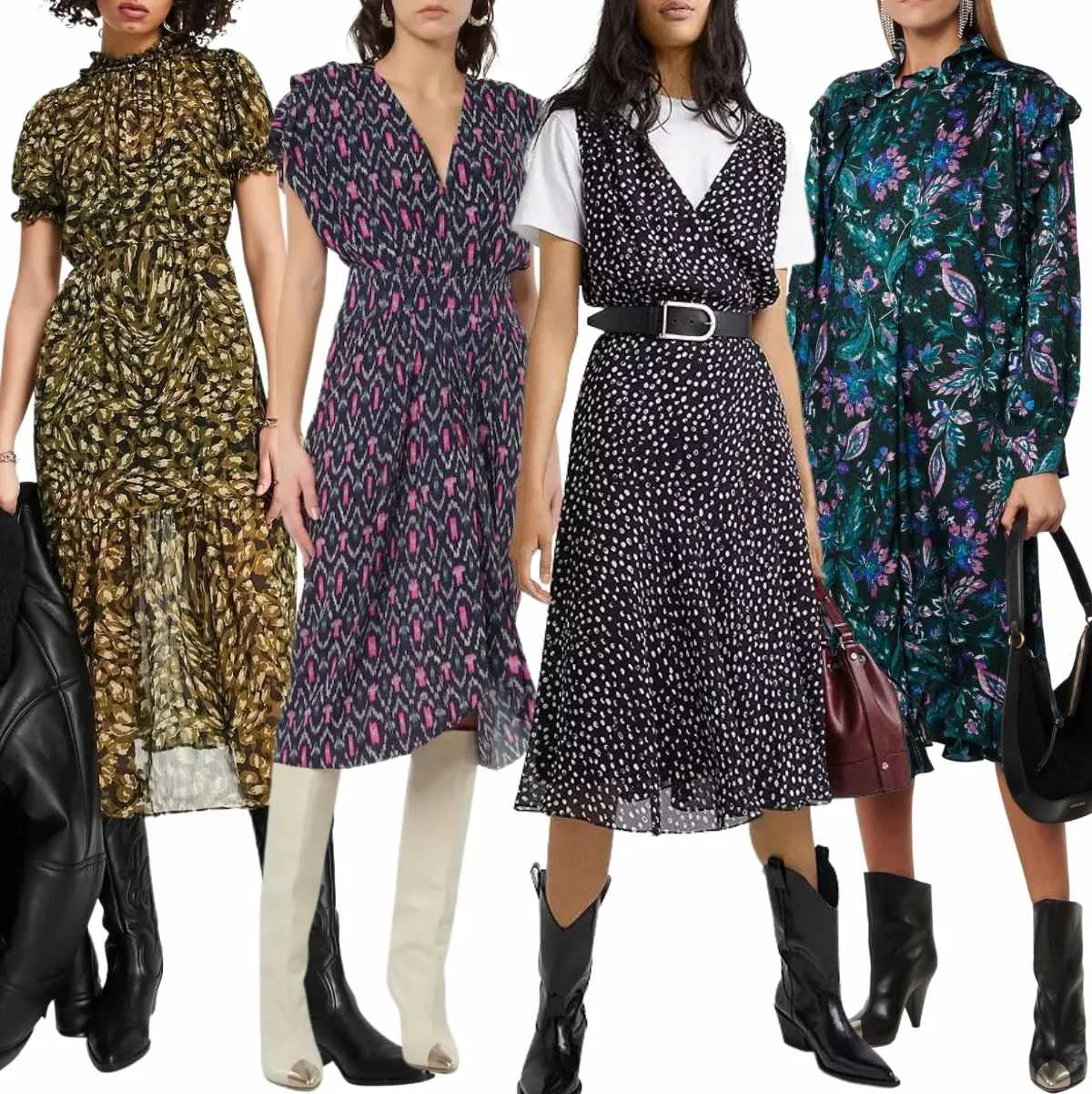 Collage of 5 women wearing different midi dresses with cowboy boots.