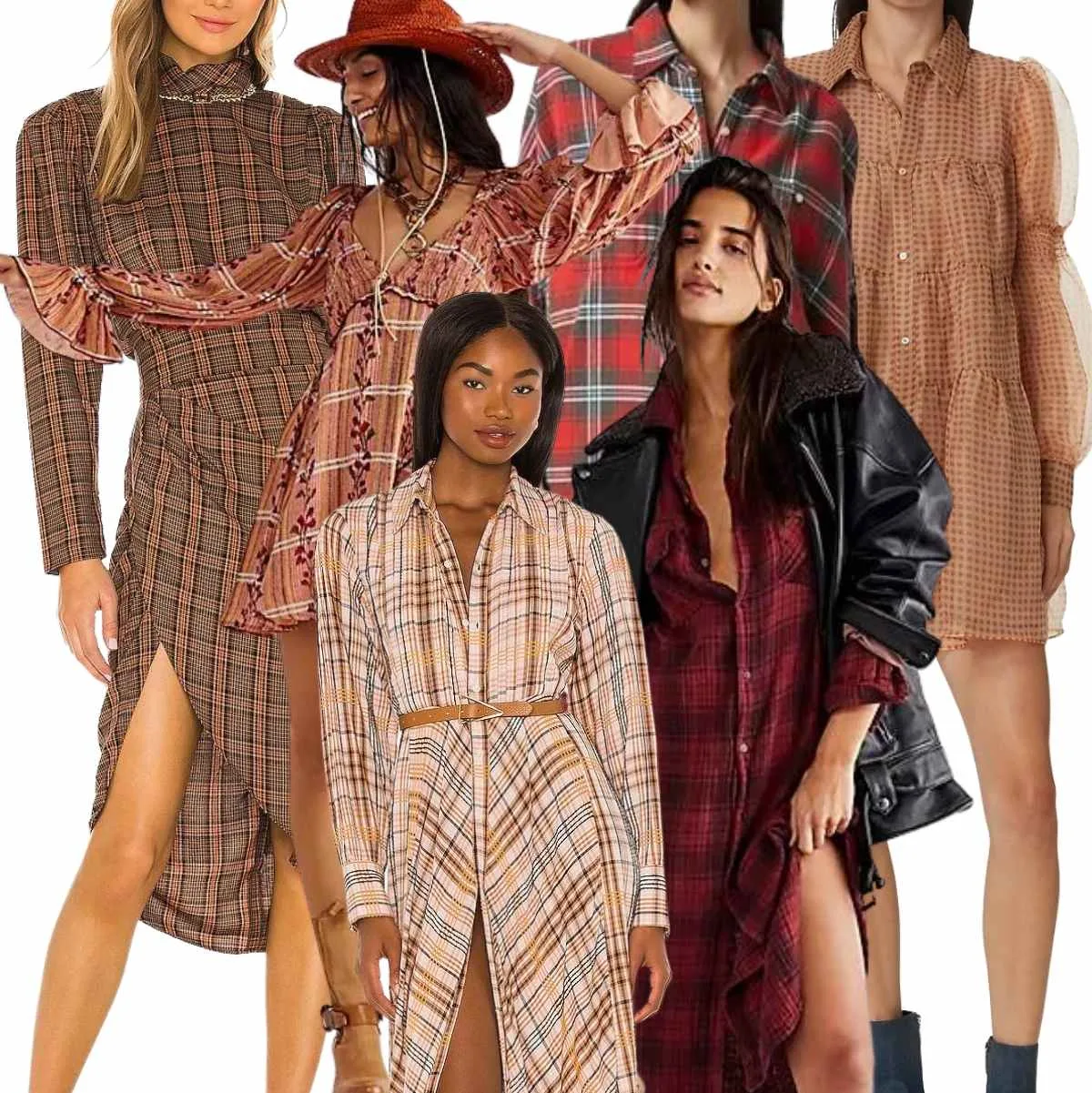 Collage of 6 women wearing a plaid dress with cowboy boots.