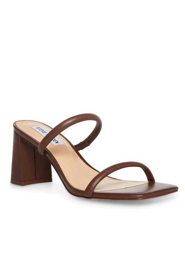 Steve Madden square heel leather minimal brown slide sandal with stiletto heel on white background.