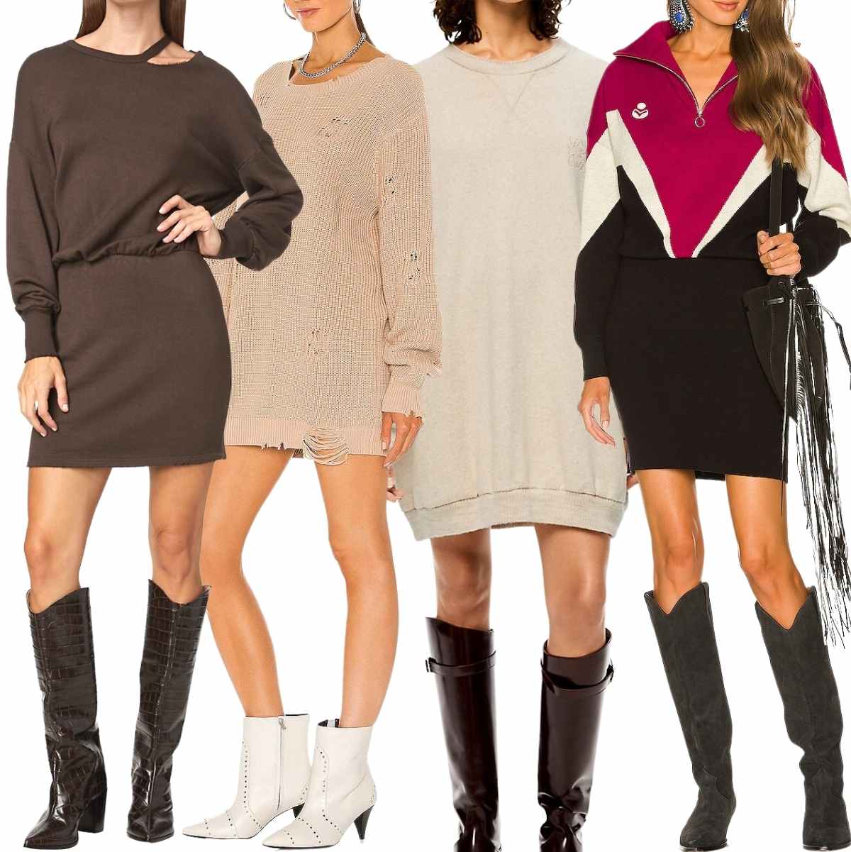 Collage of 4 women wearing a Sweatshirt dress with cowboy boots.