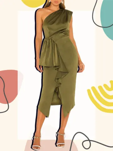 Woman wearing white color shoes with mint a khaki dress outfit over a collage of various shapes and line graphics.