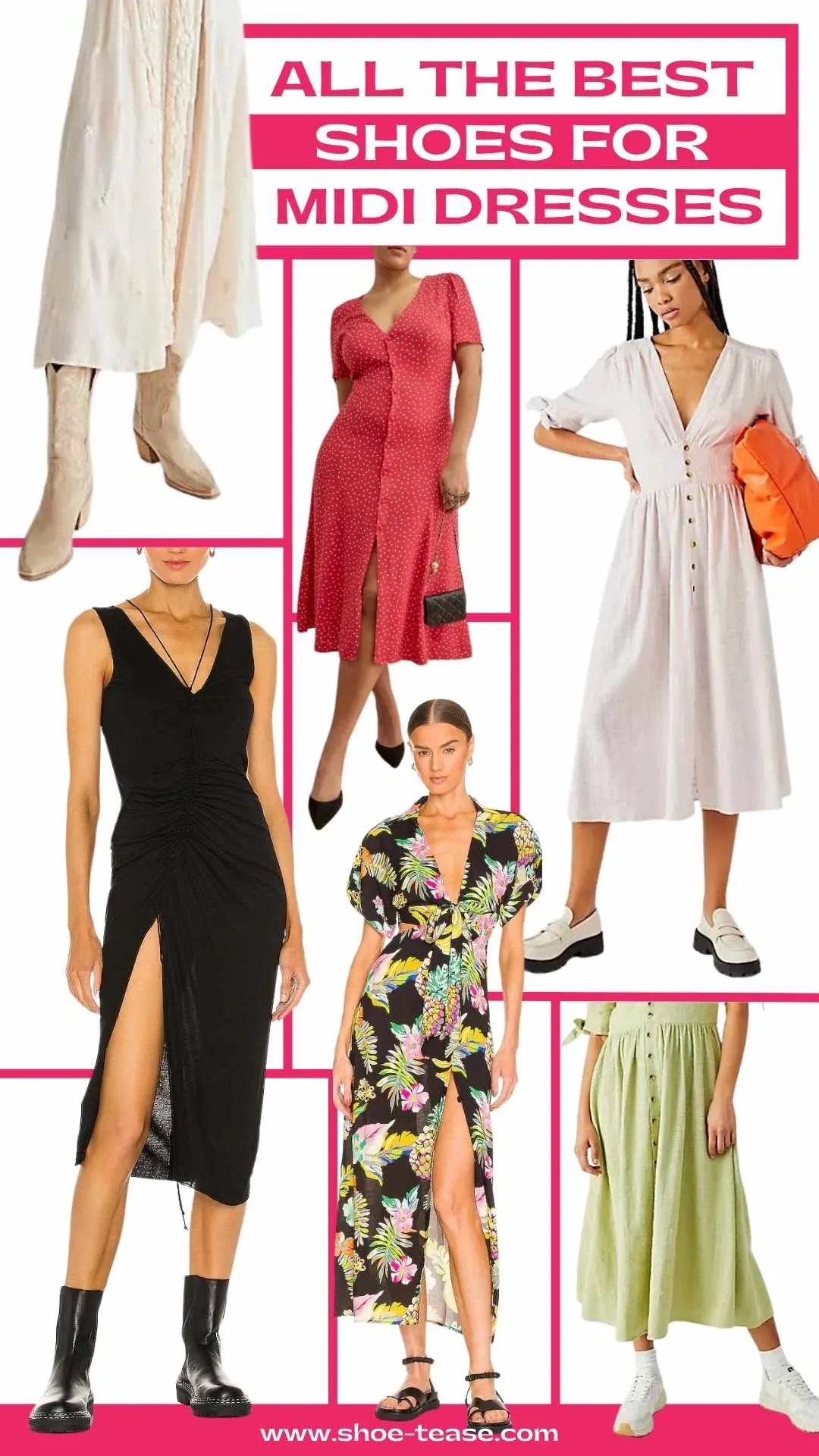 Collage of 6 women wearing different shoes for midi dresses.
