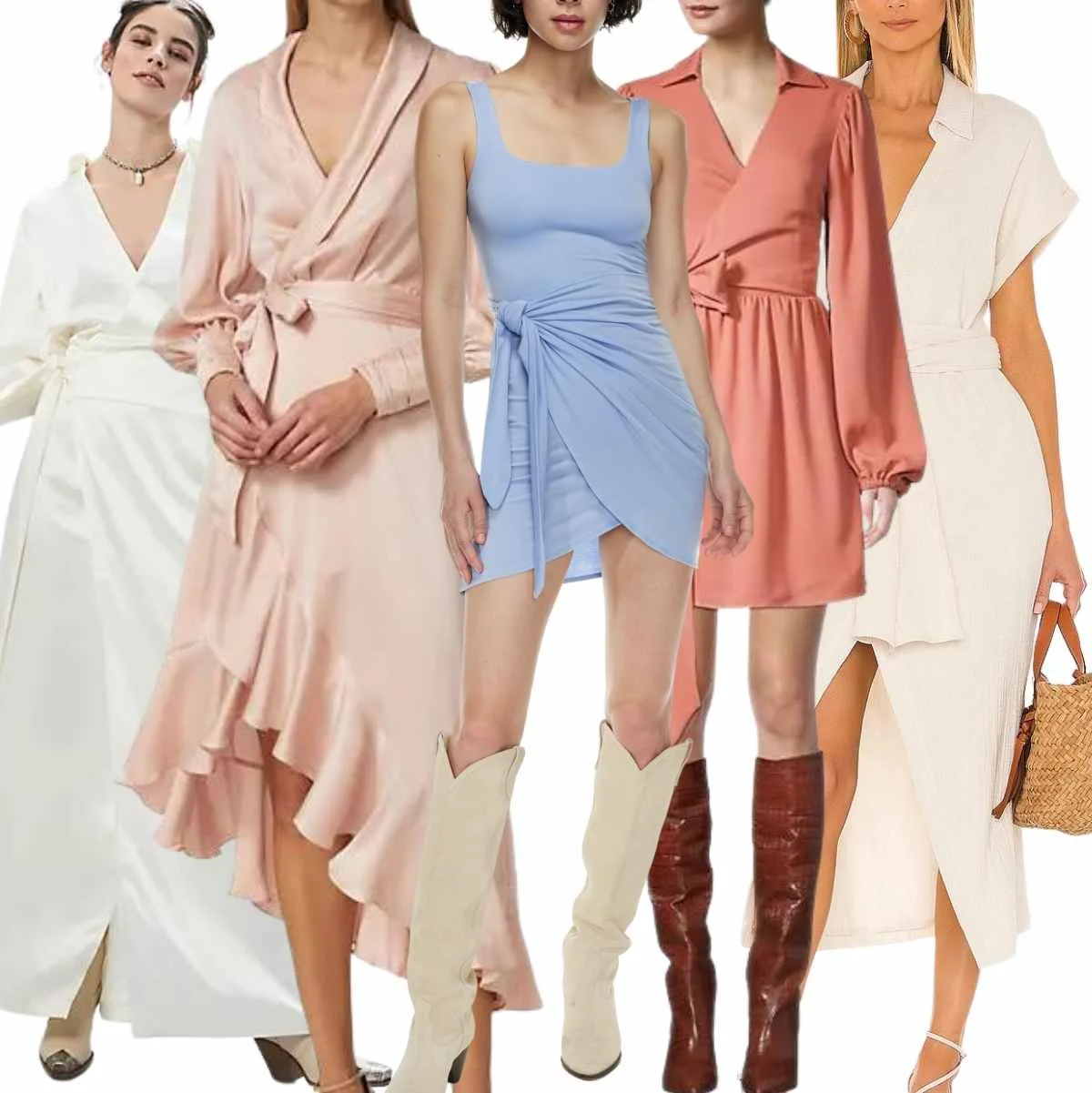 Collage of 5 women wearing a wrap dress with cowboy boots.