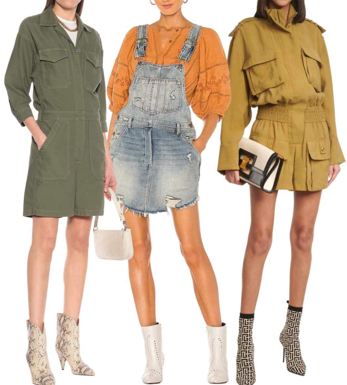 Collage of 3 women wearing ankle boots with romper outfits.