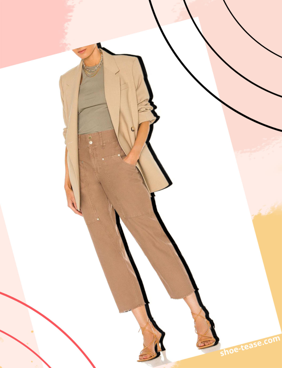 Collage of woman wearing outfit with high heel strappy shoes with tan cropped dress pants with sage green top and beige blazer.