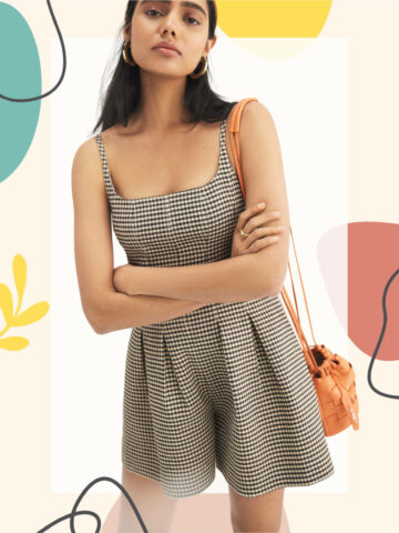 Cropped view of woman wearing a black and white romper with orange purse over collage of shapes.