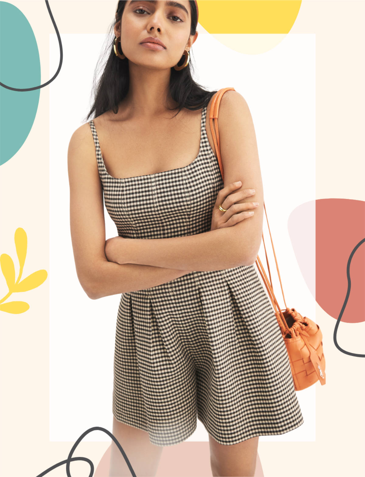 Cropped view of woman wearing a black and white romper with orange purse over collage of shapes.